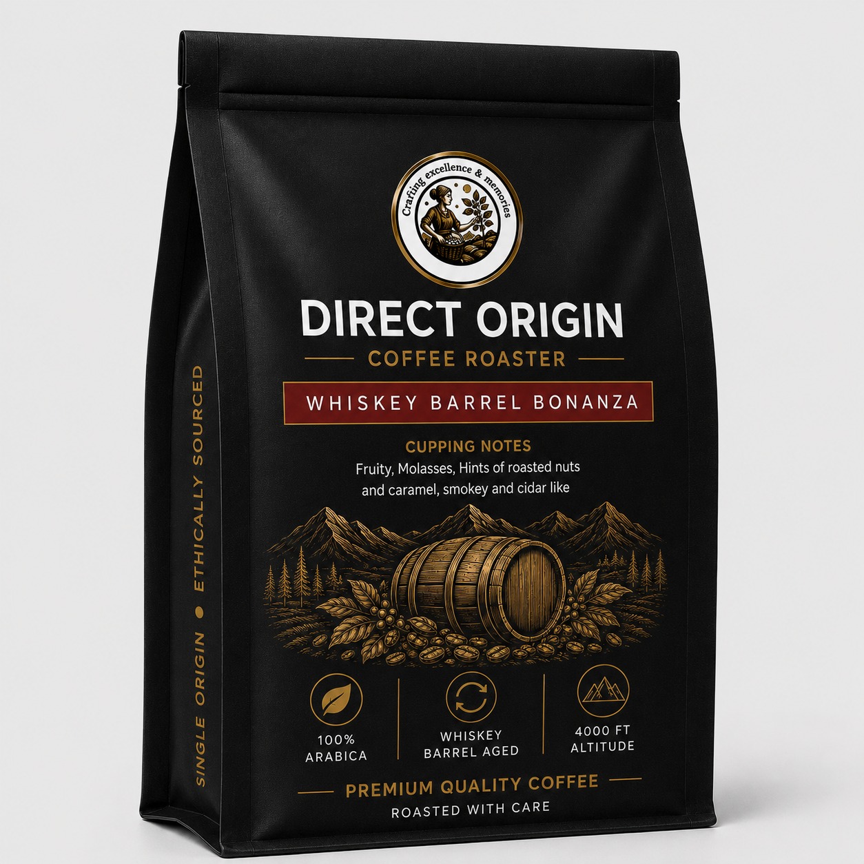 Whiskey Barrel Bonanza - natural coffee beans from Baba Budan Giri hills and aged in scotch oak wood barels